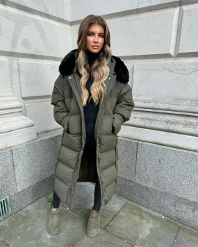 Hallie Padded Coat with Fur Hood  - Khaki