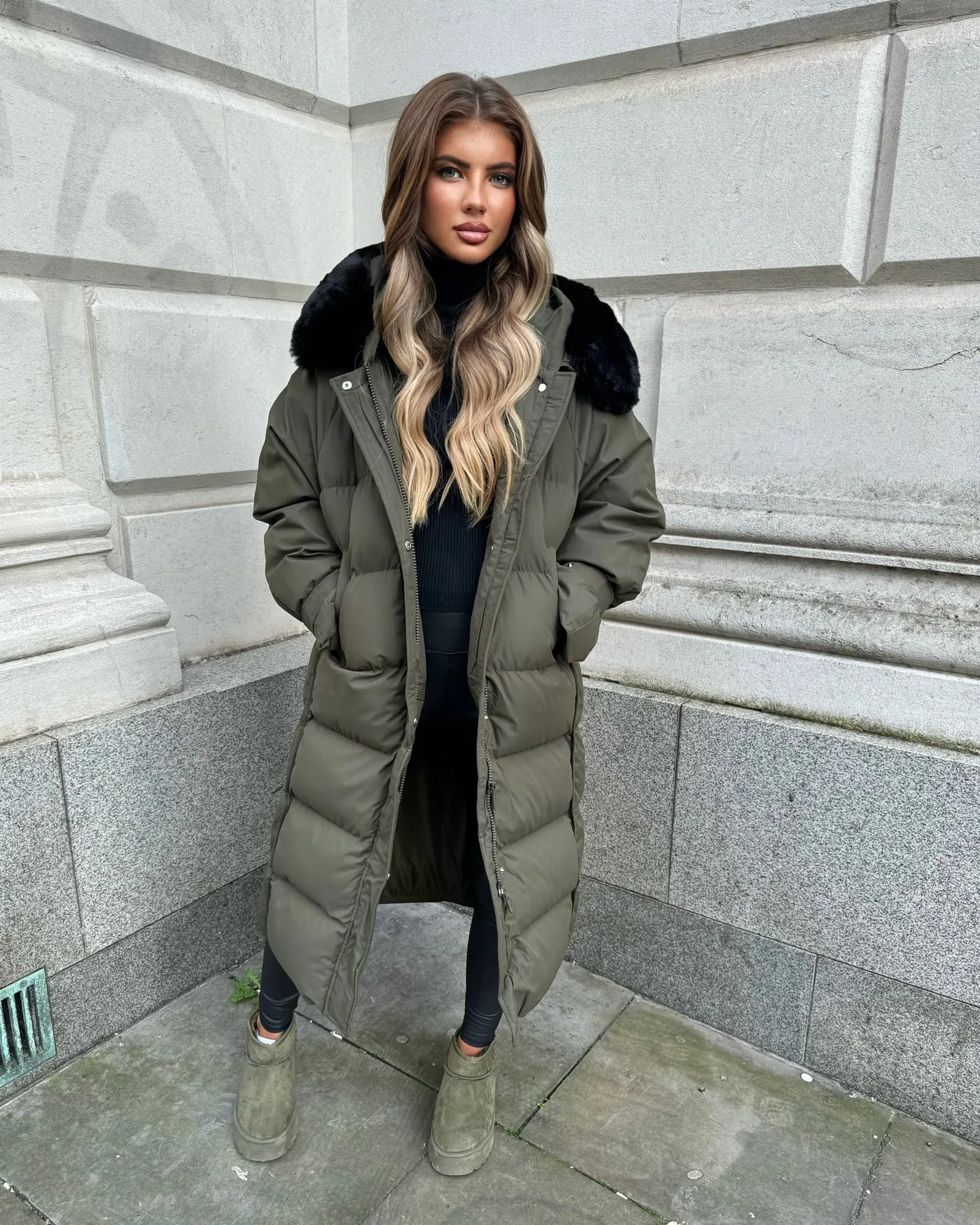 Hallie Padded Coat with Fur Hood  - Khaki