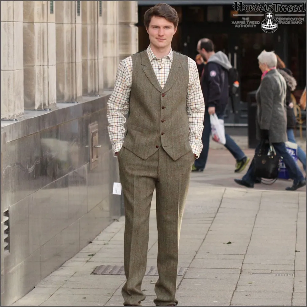 Harris Tweed Beige/Olive Herringbone 3pc Suit>