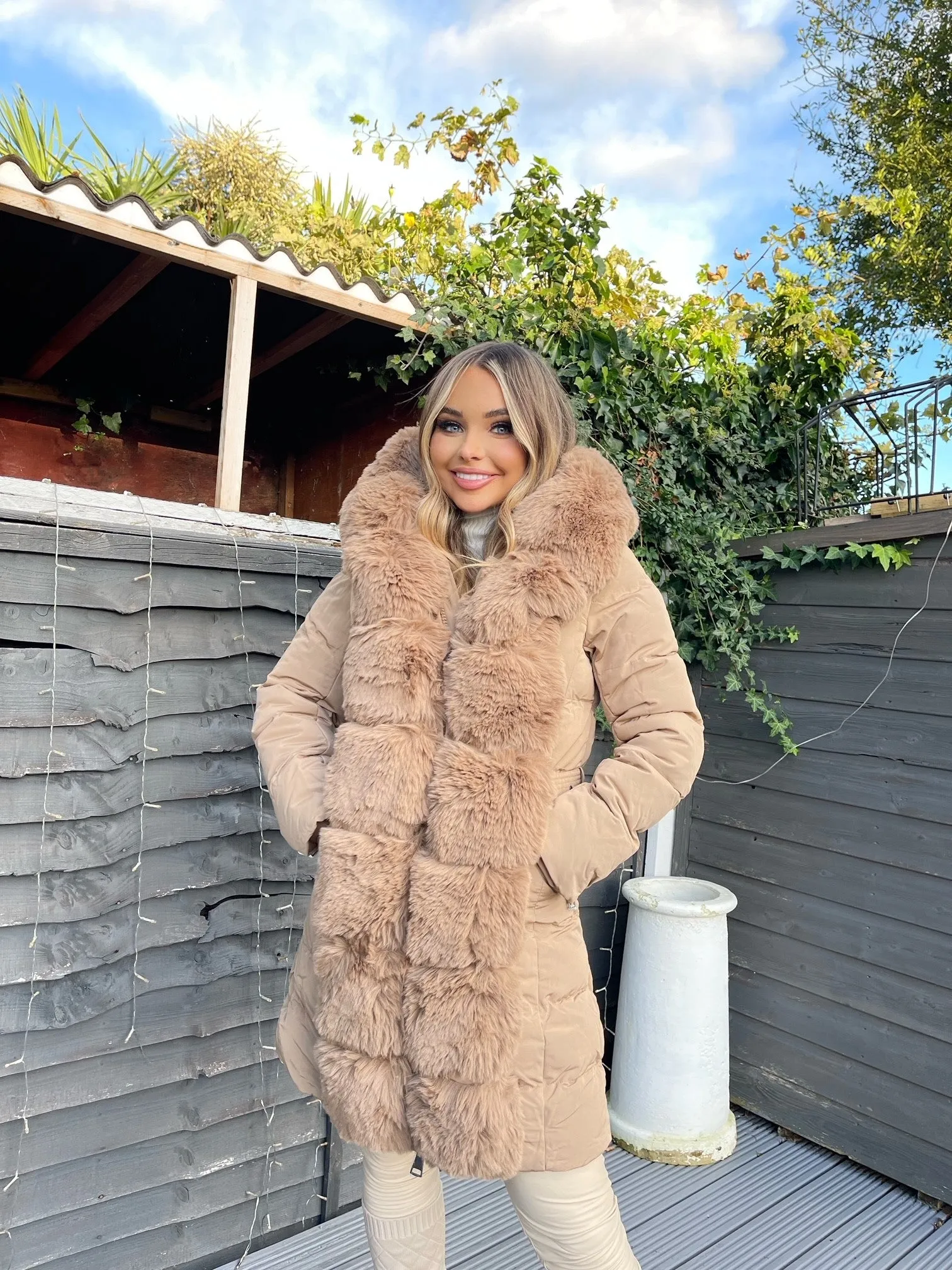 Hayley Faux Fur Belted Padded Coat - Camel