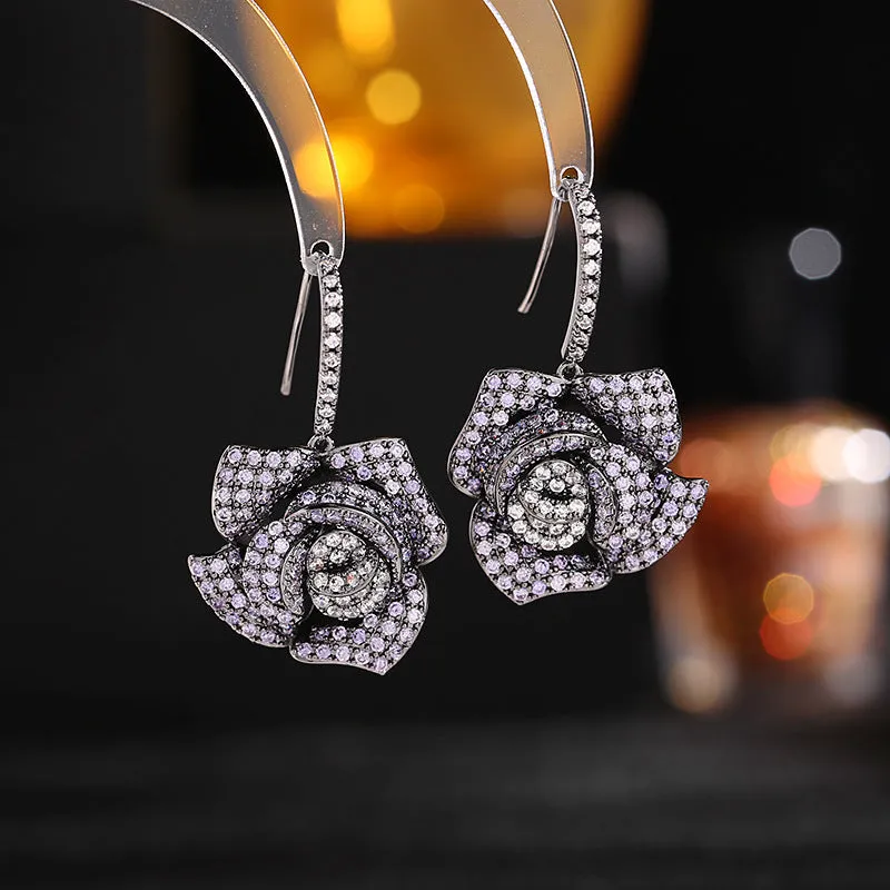 heavy industry elegant and exaggerated hree-dimensional camellia earrings