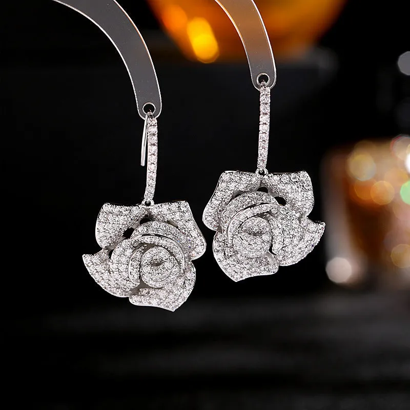 heavy industry elegant and exaggerated hree-dimensional camellia earrings