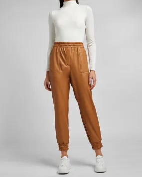 High Waisted Vegan Leather Jogger Pant in Dark Tan Leather