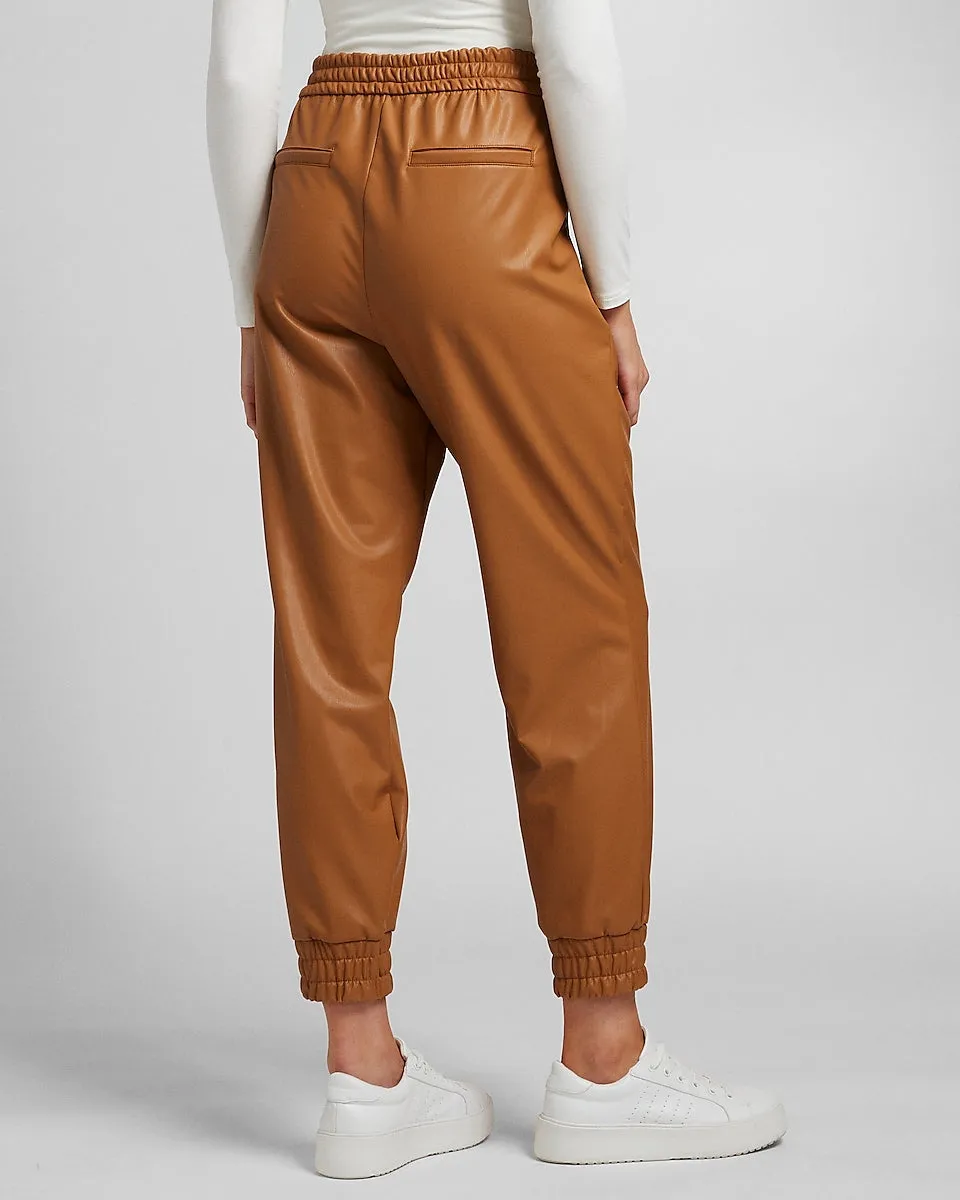 High Waisted Vegan Leather Jogger Pant in Dark Tan Leather