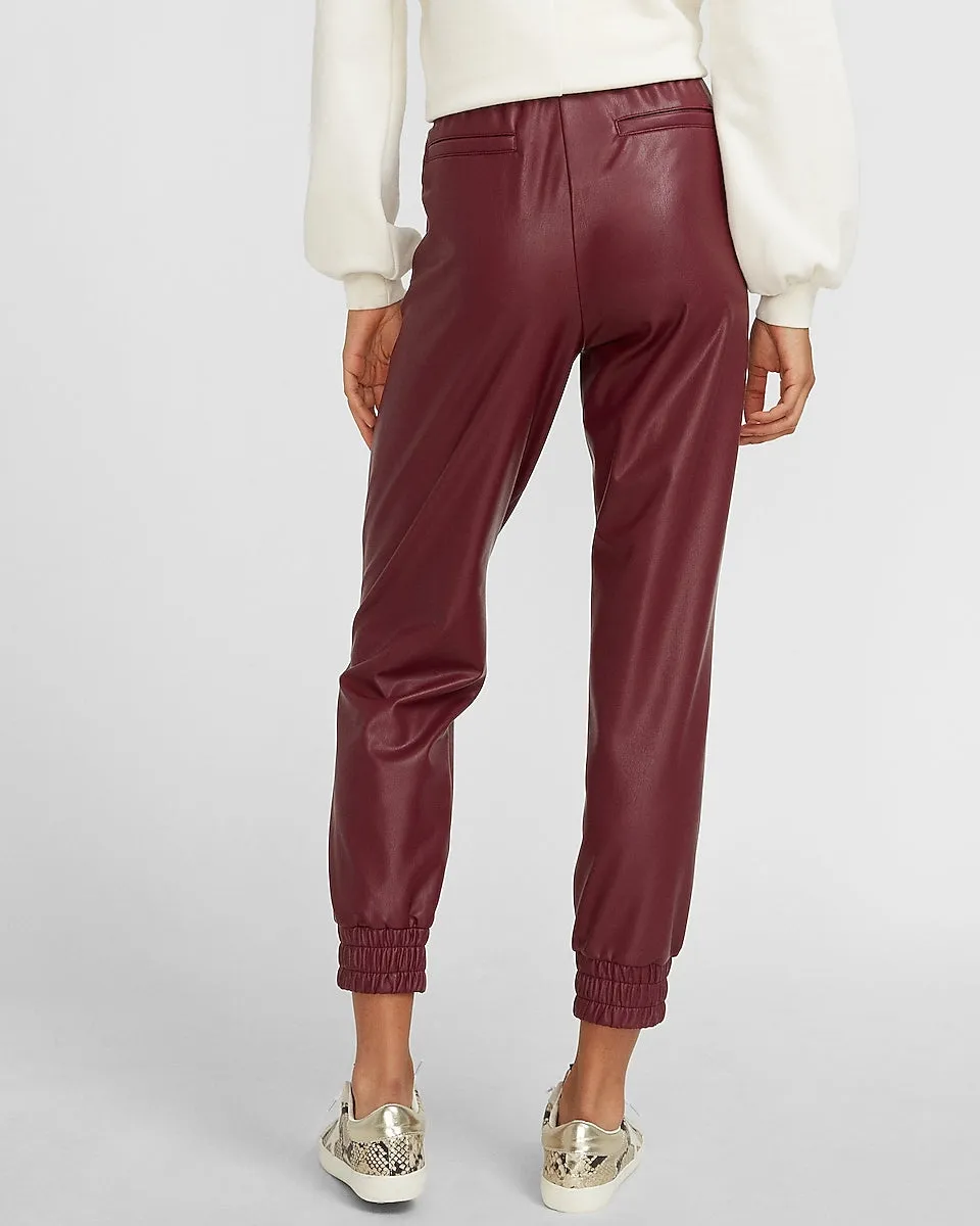 High Waisted Vegan Leather Jogger Pant in Deep Burgundy