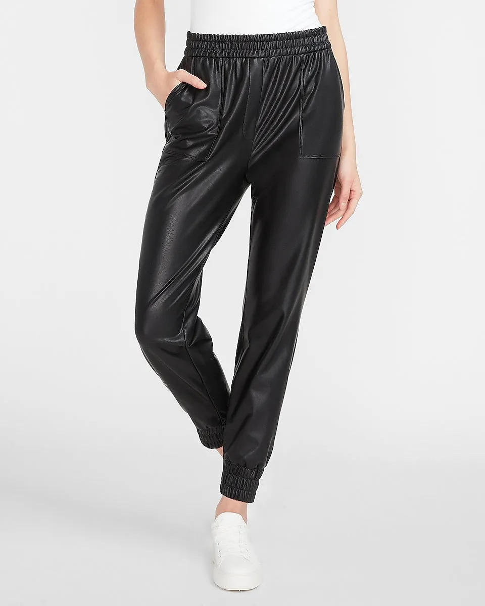 High Waisted Vegan Leather Jogger Pant in Pitch Black