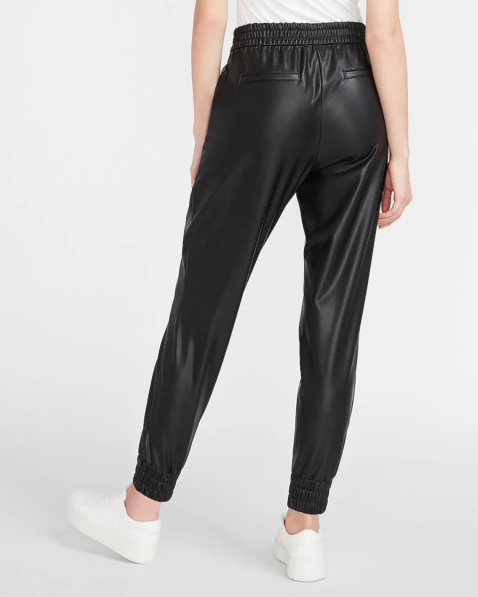 High Waisted Vegan Leather Jogger Pant in Pitch Black