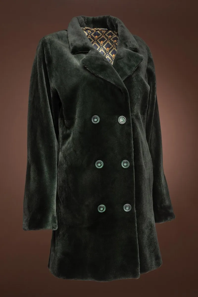 Hunter Green Sheared Mink Fur Pea Coat