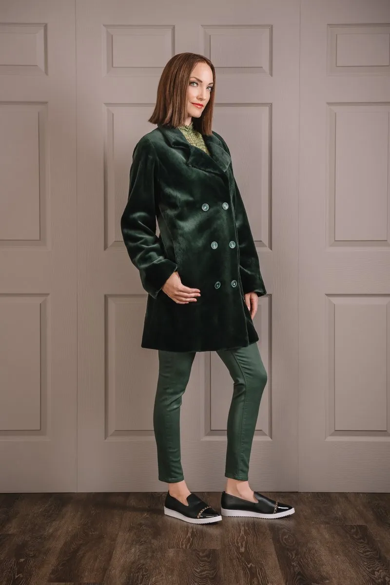 Hunter Green Sheared Mink Fur Pea Coat