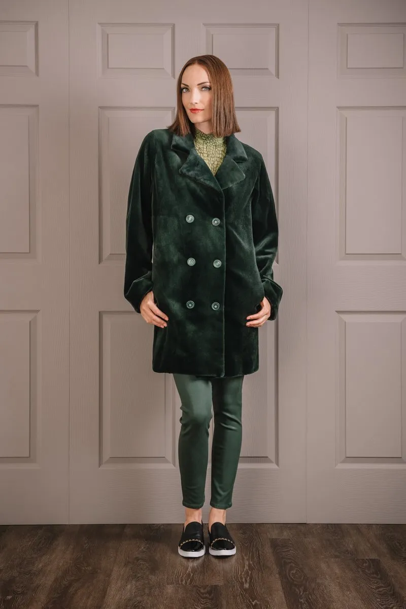 Hunter Green Sheared Mink Fur Pea Coat