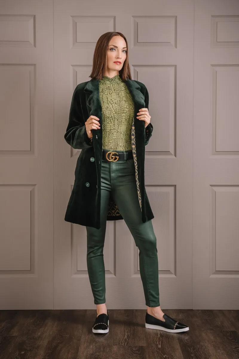 Hunter Green Sheared Mink Fur Pea Coat