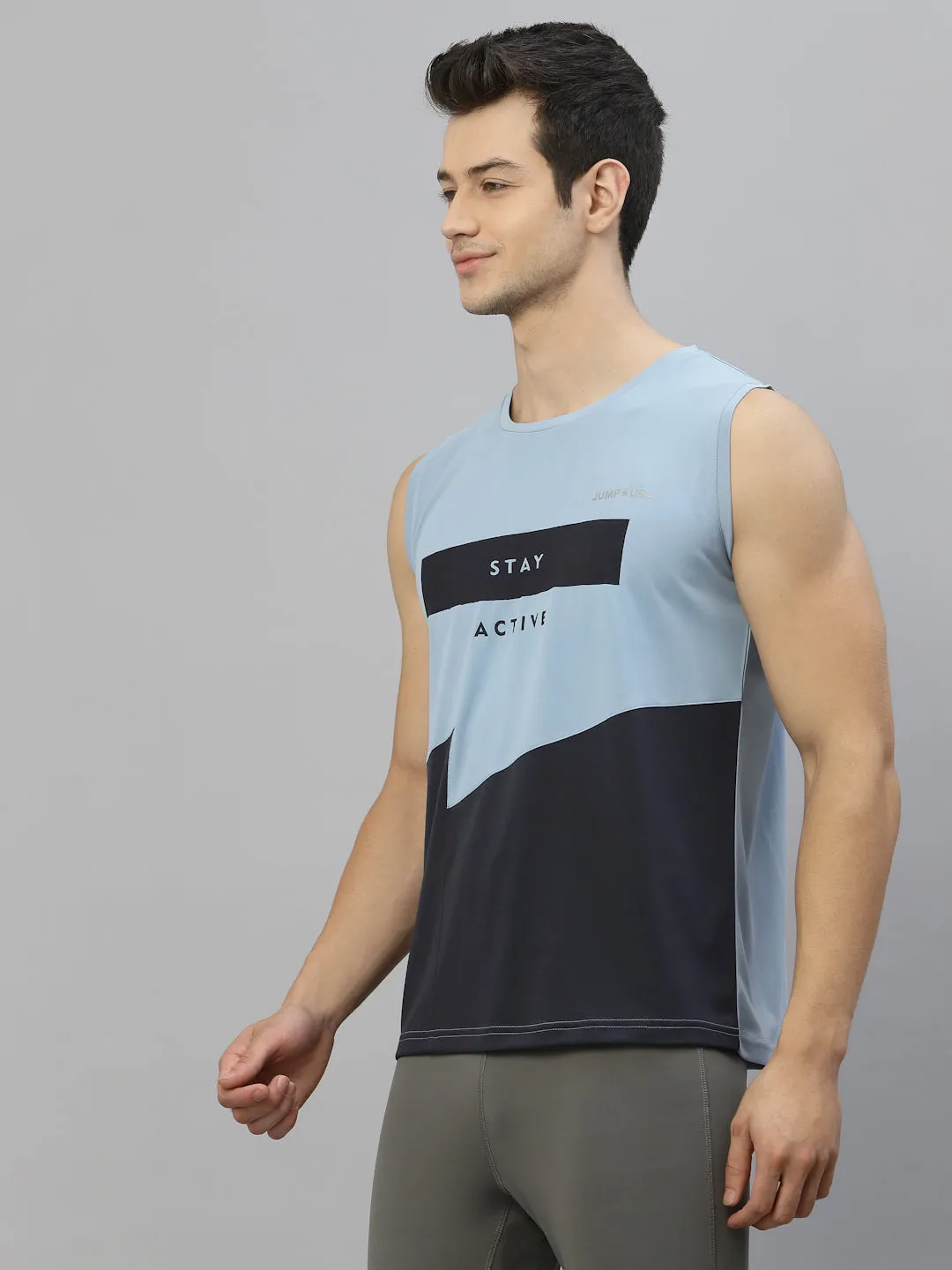 JUMP USA Men Cashmere Blue & Navy Blue Printed Polyester Sleeveless Tank T-shirt