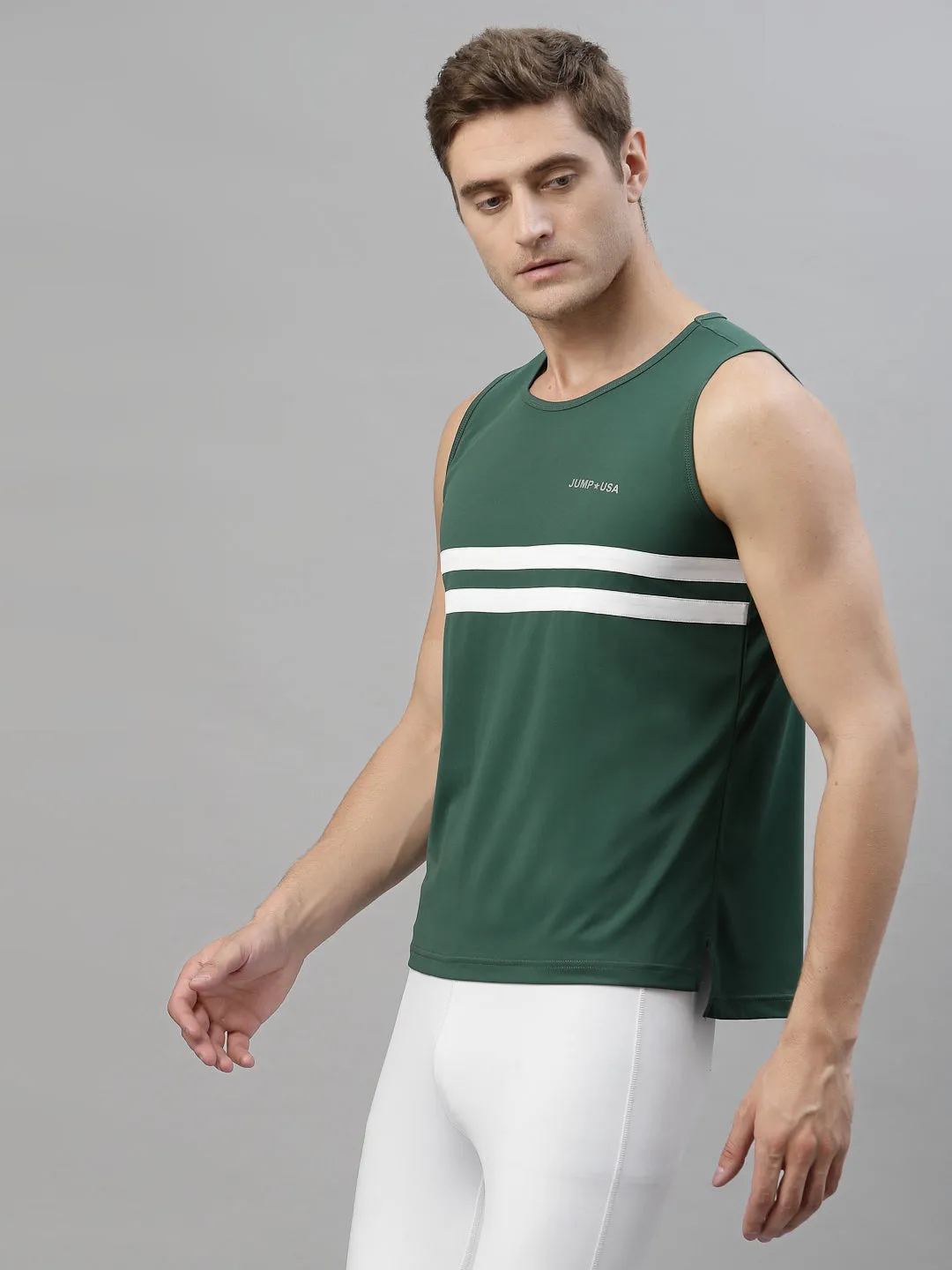 JUMP USA Men Green-White Rapid Dry Training Tank T-Shirt