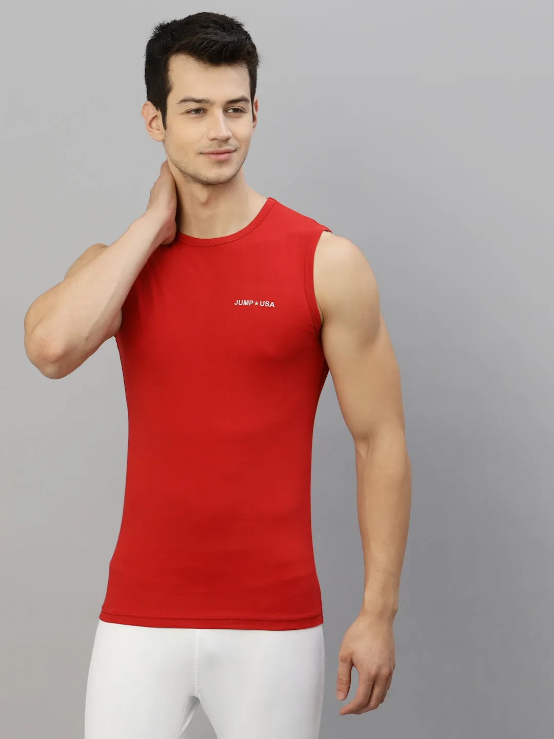 JUMP USA Men Red Pure Cotton Sleeveless Solid Tank T-shirt