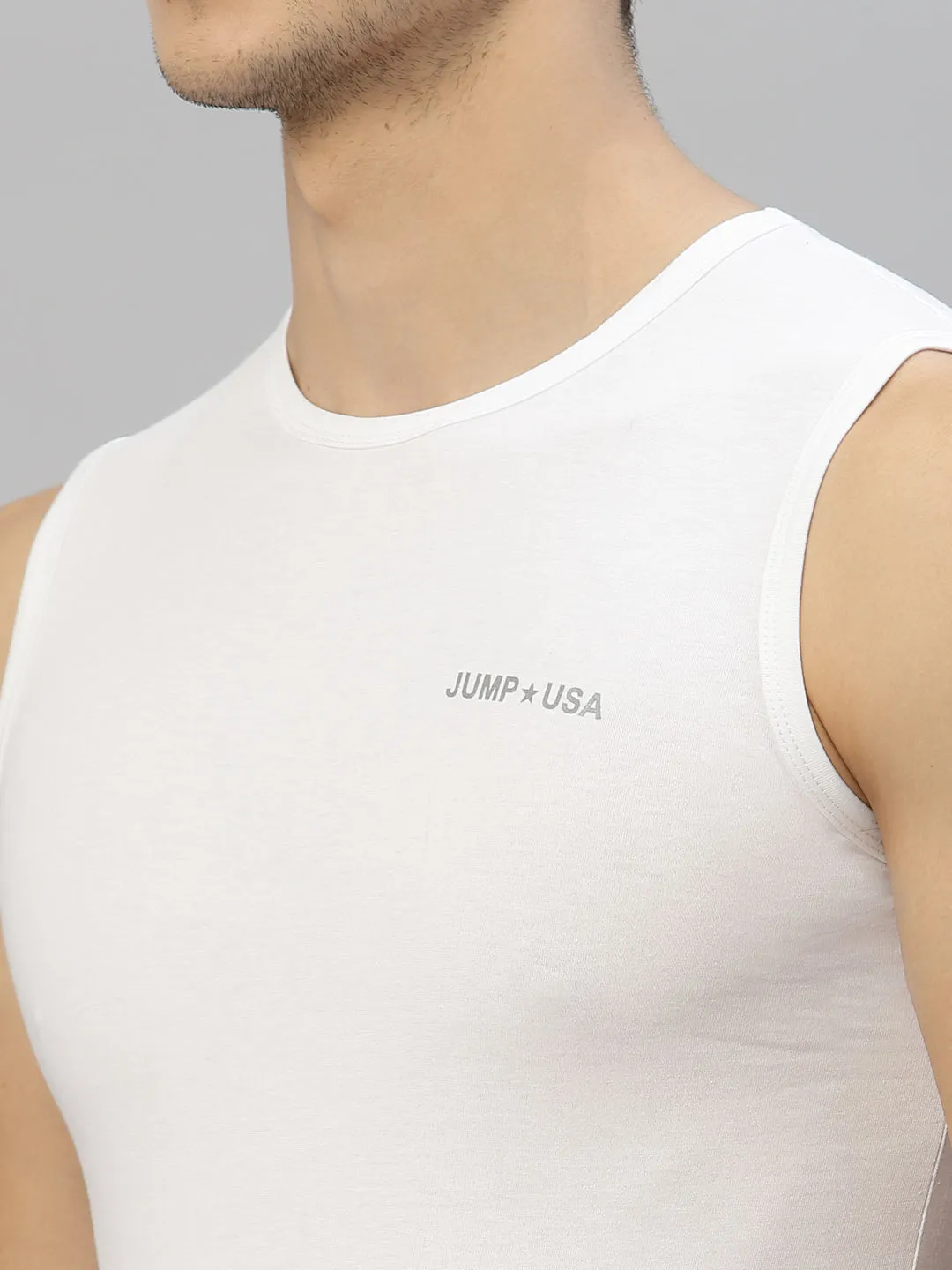 JUMP USA Men White Pure Cotton Sleeveless Solid Tank T-shirt