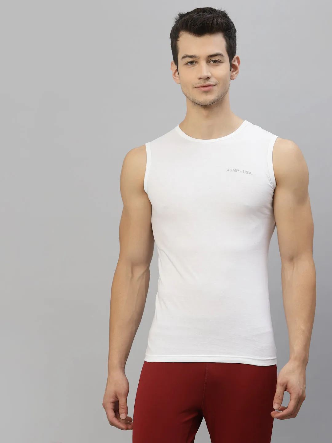 JUMP USA Men White Pure Cotton Sleeveless Solid Tank T-shirt