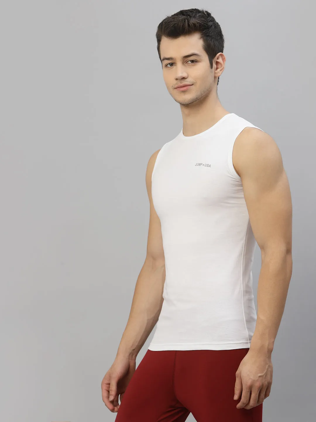 JUMP USA Men White Pure Cotton Sleeveless Solid Tank T-shirt