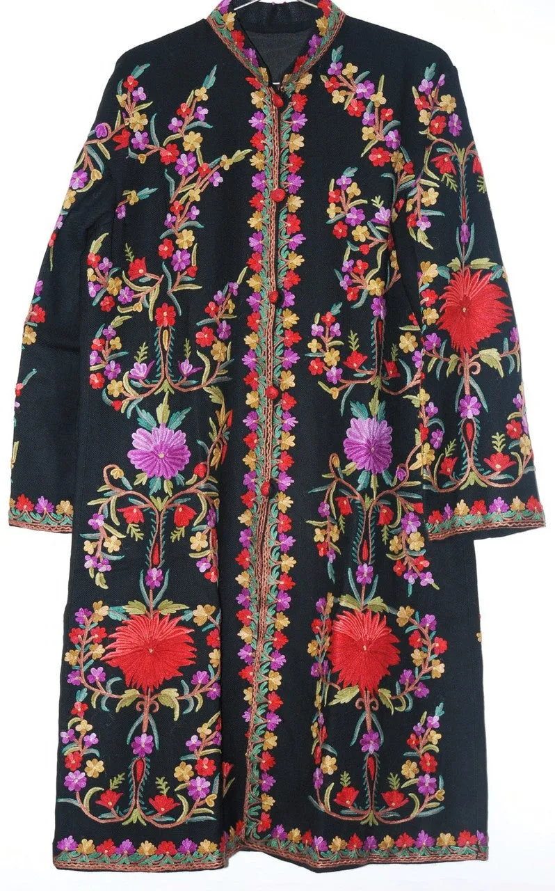 Kashmiri Woolen Coat Black, Multicolor Embroidery #AO-140