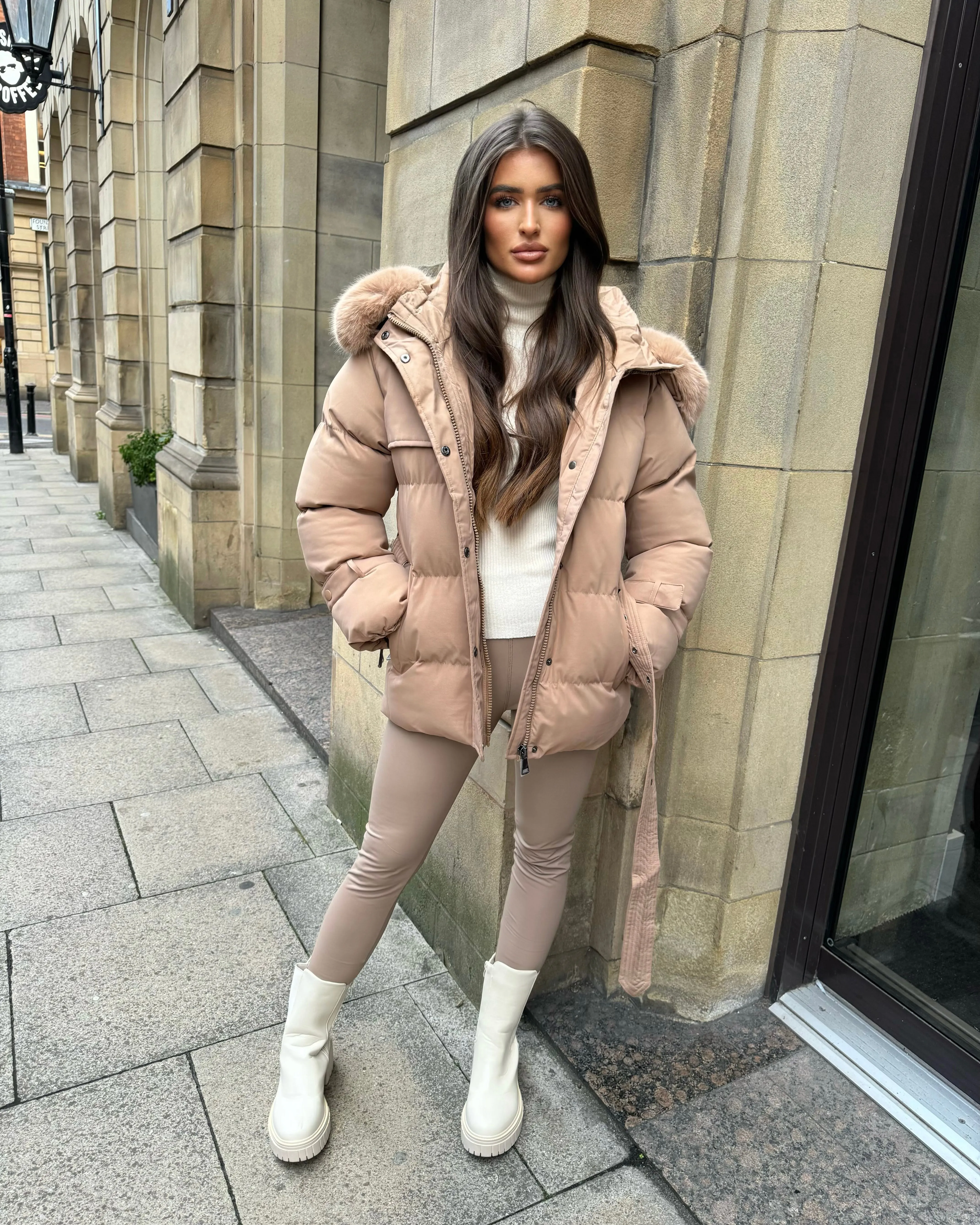 Kelsey Padded Faux Fur Hooded Coat - Camel