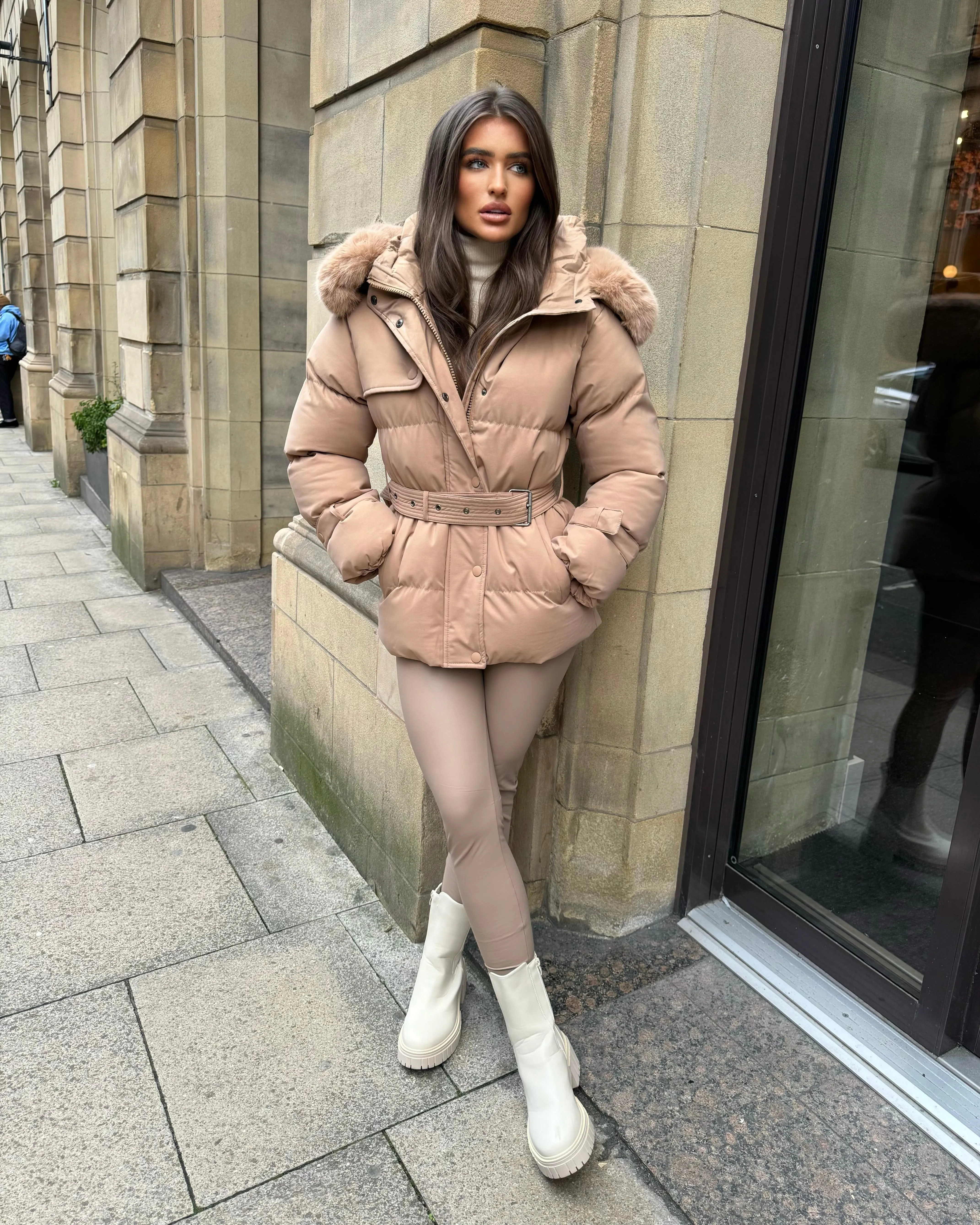 Kelsey Padded Faux Fur Hooded Coat - Camel