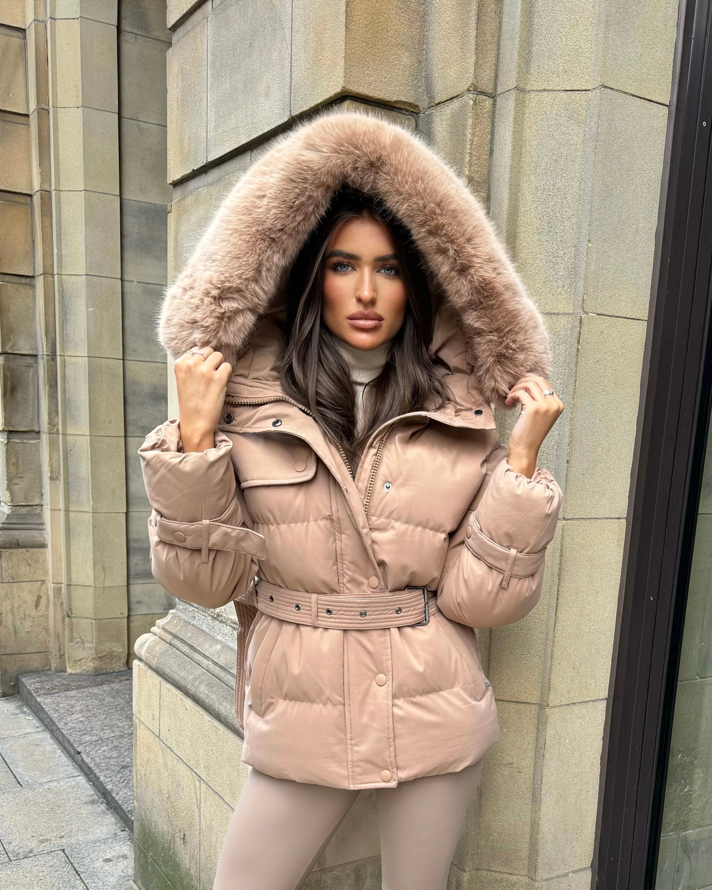 Kelsey Padded Faux Fur Hooded Coat - Camel