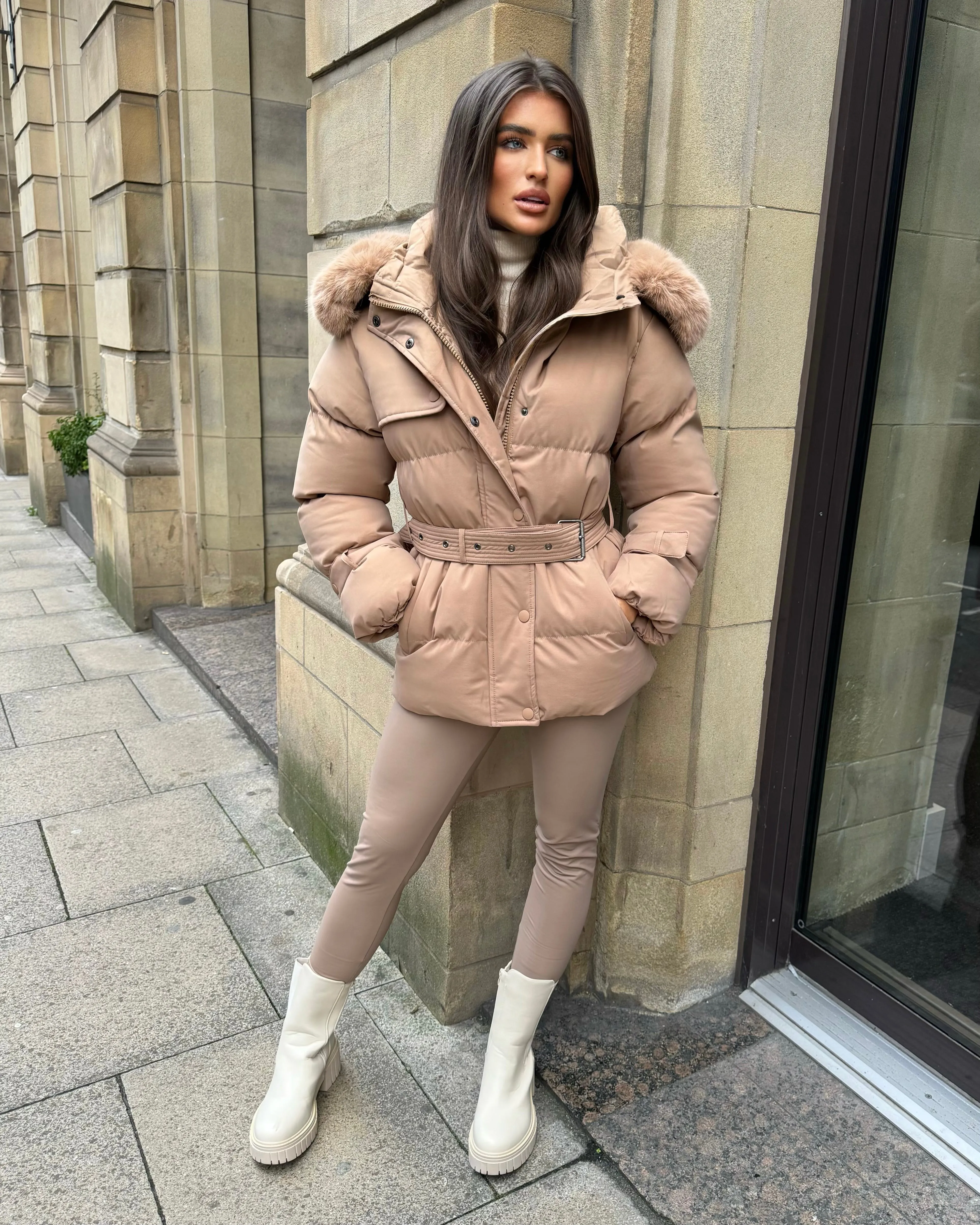 Kelsey Padded Faux Fur Hooded Coat - Camel