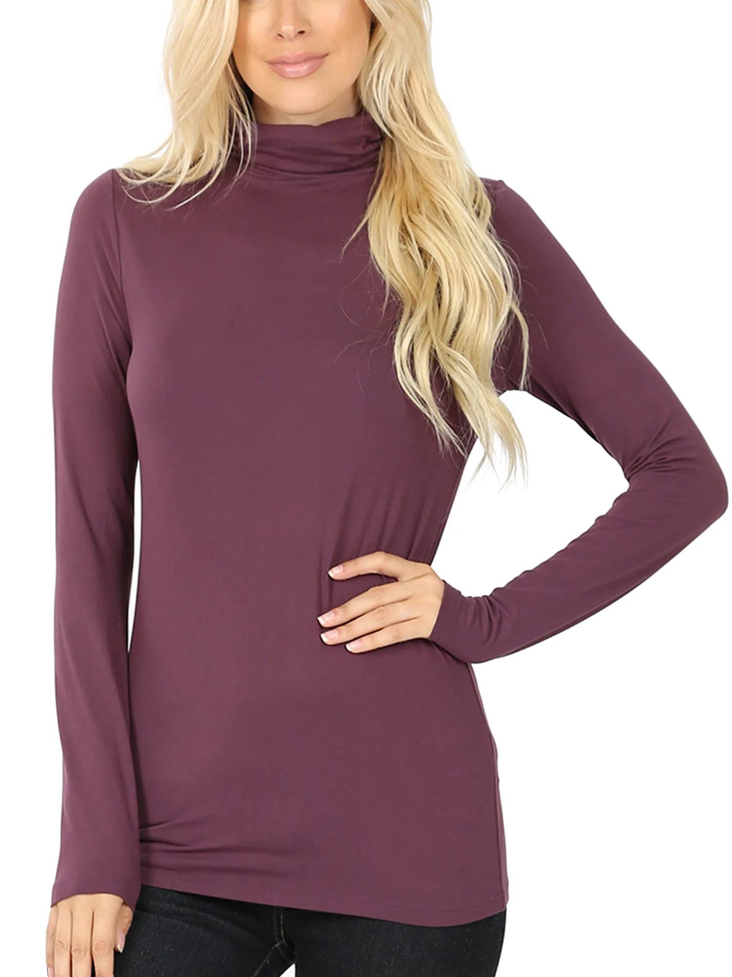 KOGMO Women's Basic Long Sleeve Soft Stretch Microfiber Mock Neck Top