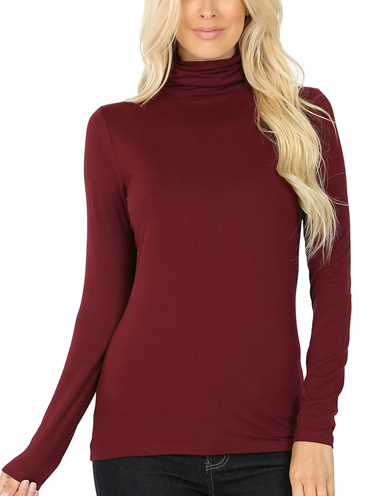 KOGMO Women's Basic Long Sleeve Soft Stretch Microfiber Mock Neck Top