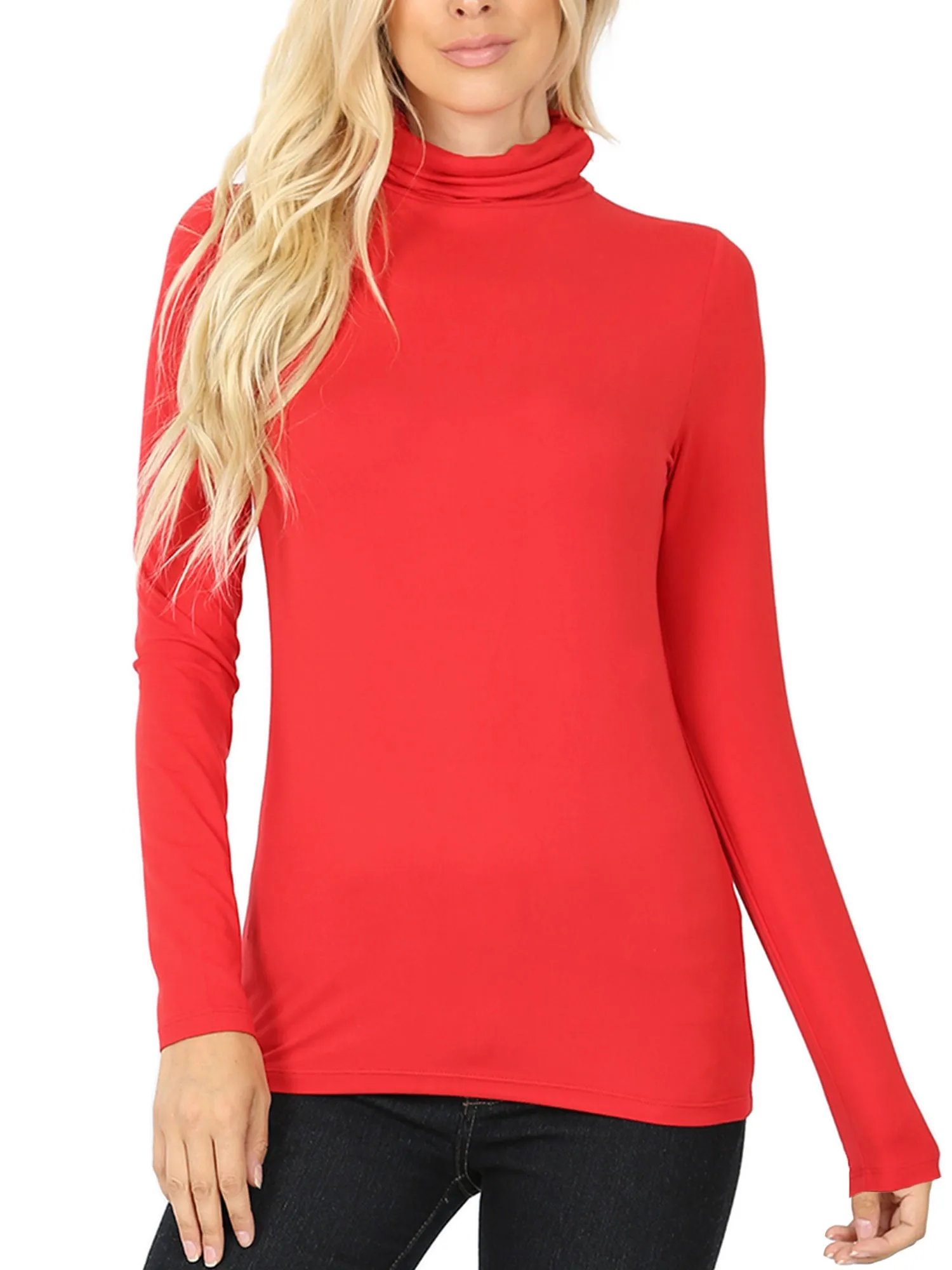 KOGMO Women's Basic Long Sleeve Soft Stretch Microfiber Mock Neck Top