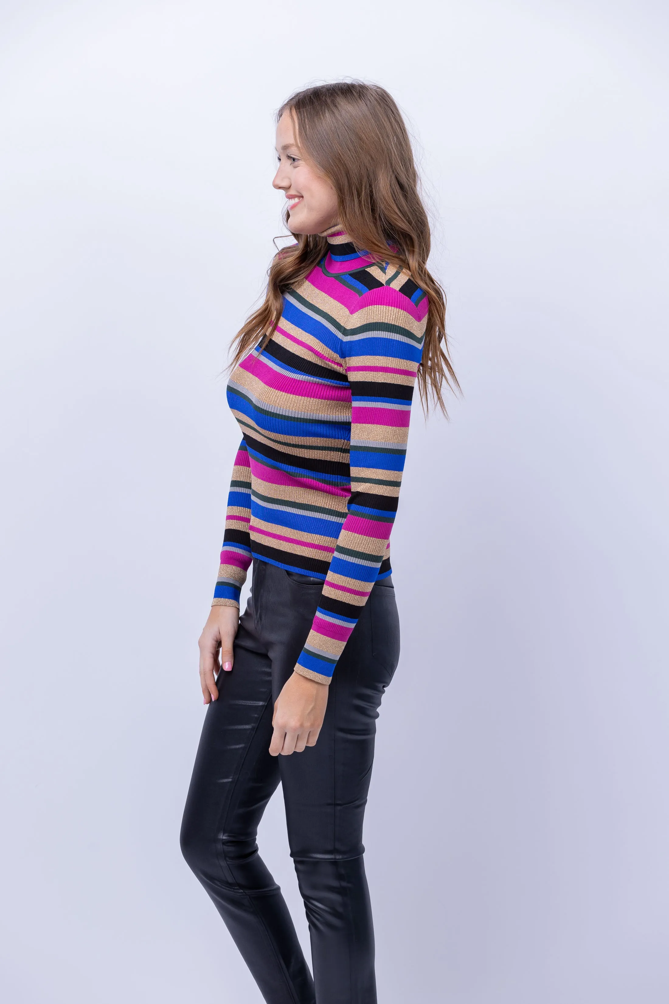 L'AGENCE Olene Stripe Sweater in Magenta Multi Stripe