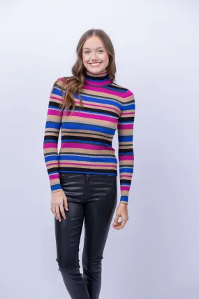 L'AGENCE Olene Stripe Sweater in Magenta Multi Stripe