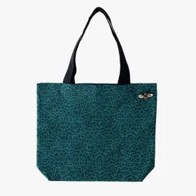 Large Shopper Tote with Bee Brooch in Teal Leopard