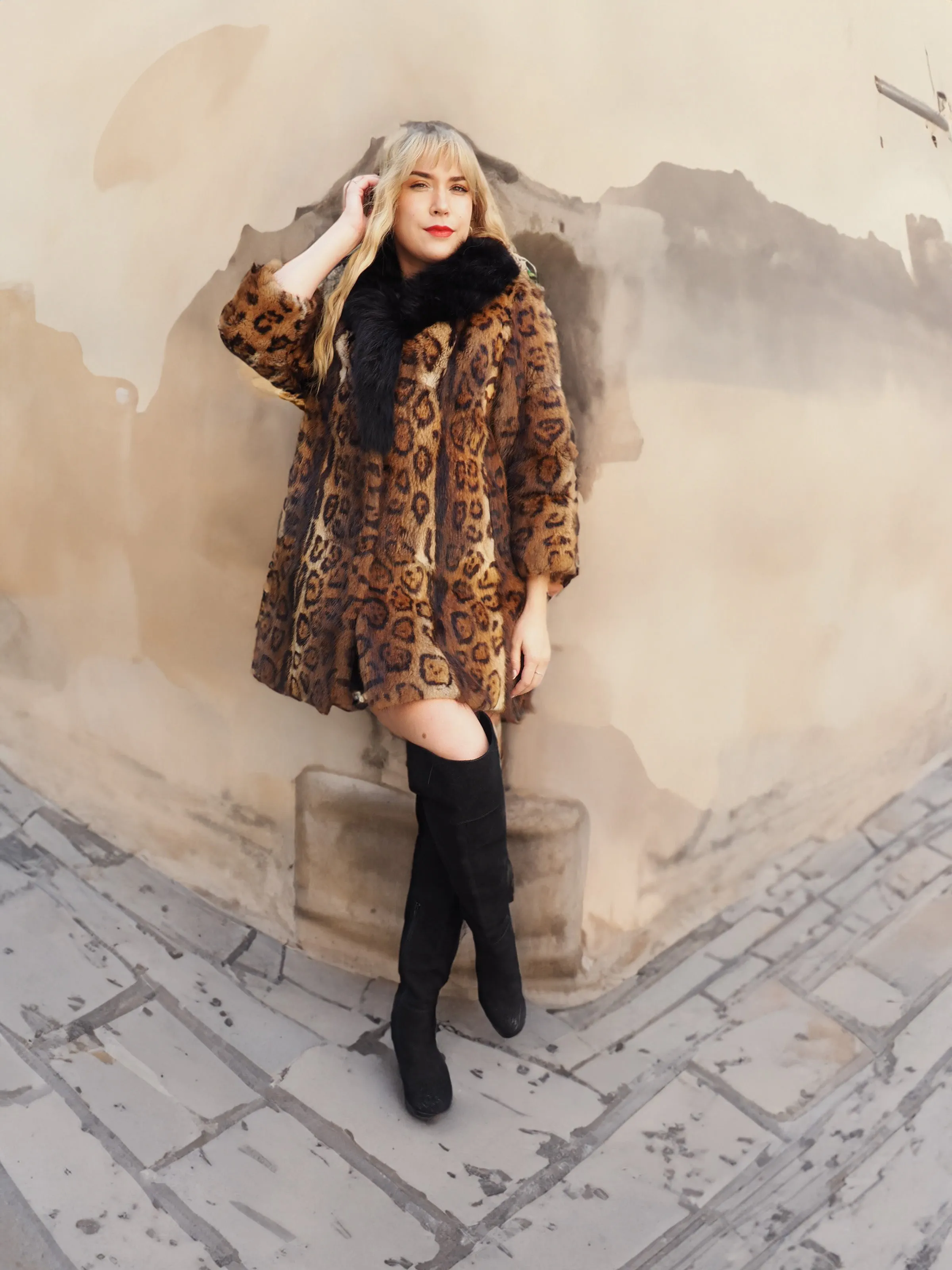 Leopard Print Nutria Fur Coat With Black Fox Collar S