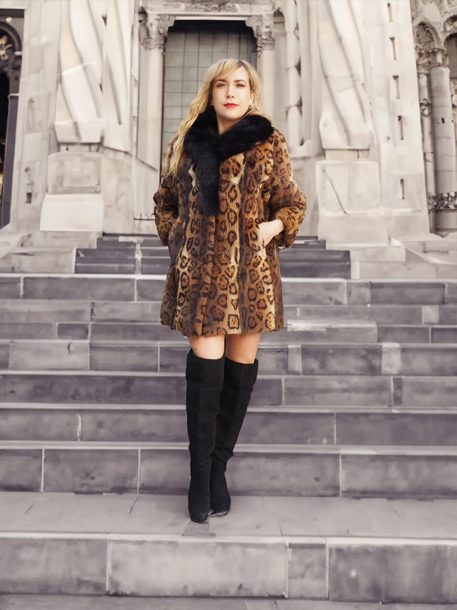 Leopard Print Nutria Fur Coat With Black Fox Collar S