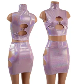 Lilac Holographic O-ring Cutouts Crop Top and Skirt Set