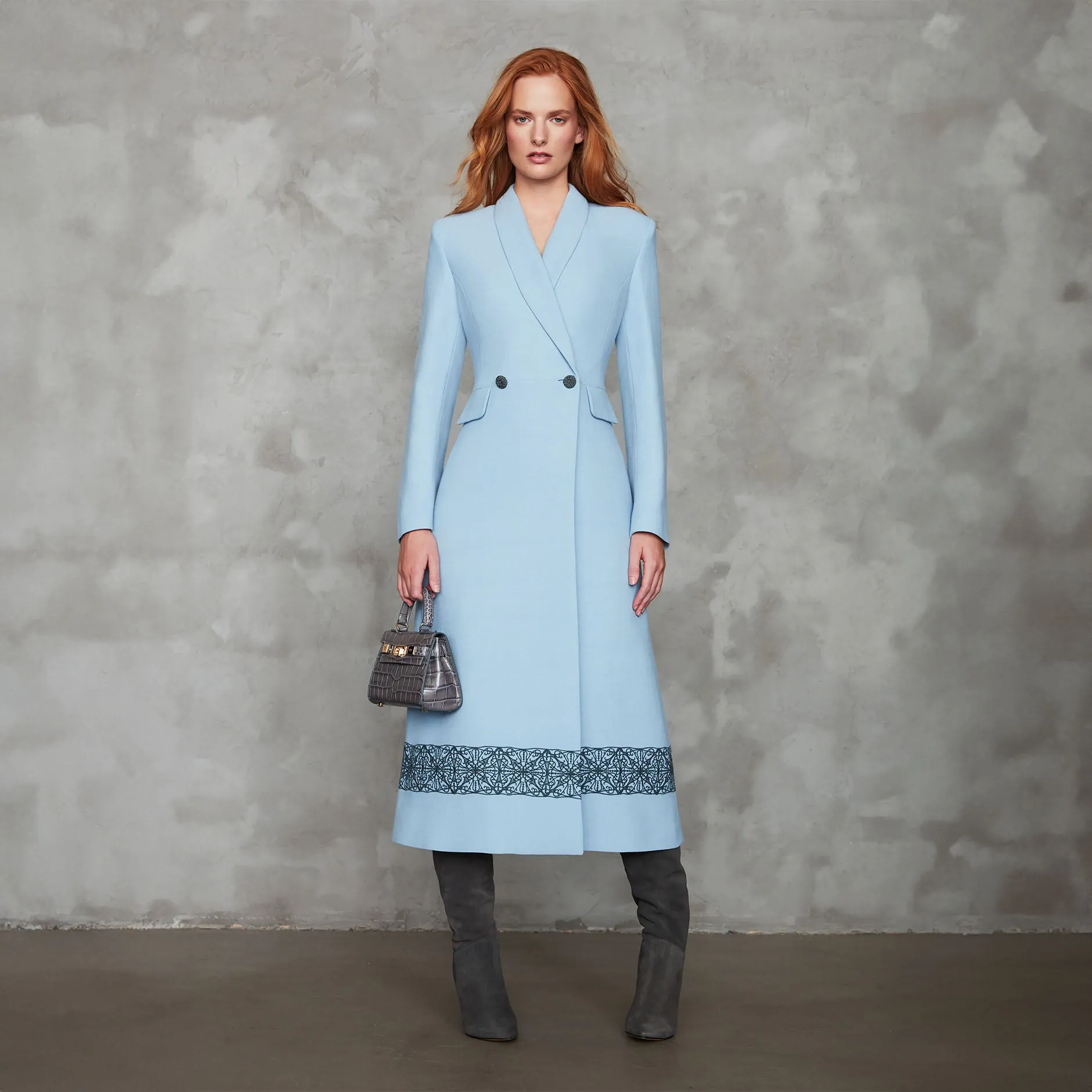 Long Coat in Sky Faille with Grey Embroidery - Dulcie