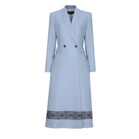 Long Coat in Sky Faille with Grey Embroidery - Dulcie