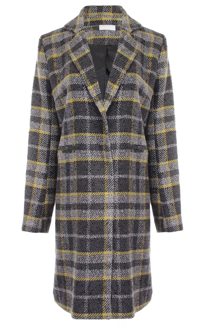 Long Plaid Coat with Detachable Fur Collar