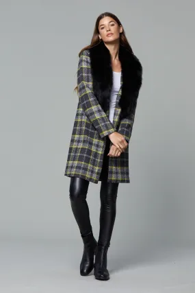 Long Plaid Coat with Detachable Fur Collar