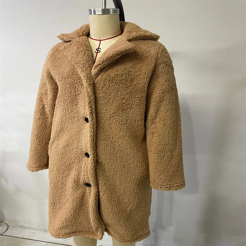 Long Sleeve Lapel Coat Lamb Wool Large Coat Women