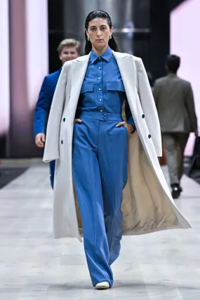 LOOK 11 - Claudia Long DB Coat in Winter White Wool   Naomi Utility Shirt in Wedgwood Blue Wool with Matching Emma Trouser