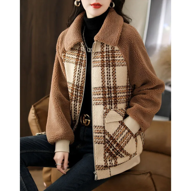 Luxe LSS Simple Stitching Plaid Raglan Sleeve Slimming And Warm Coat