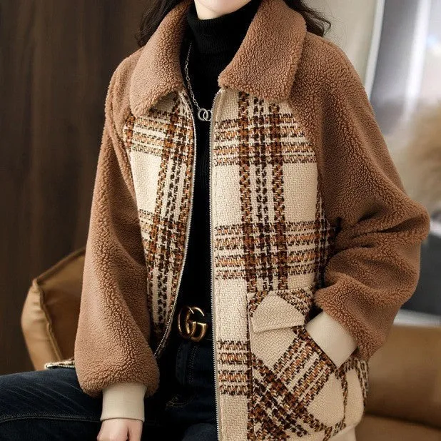 Luxe LSS Simple Stitching Plaid Raglan Sleeve Slimming And Warm Coat