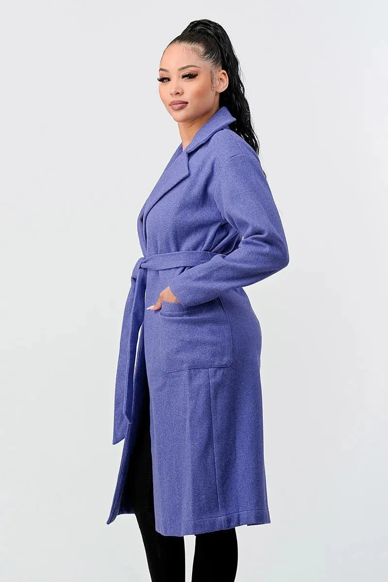 Luxe Wool Waist Tie Side Pockets Midi Length Coat