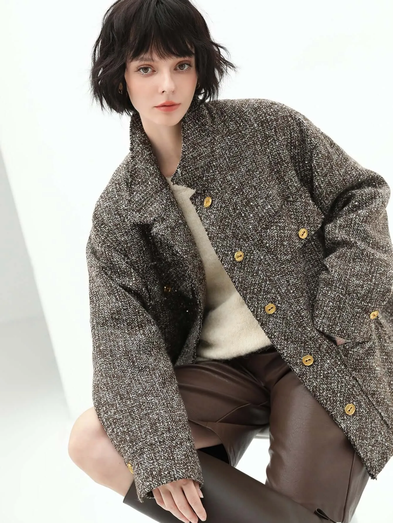 Luxurious Sequin-Knit Wool Coat in Mocha