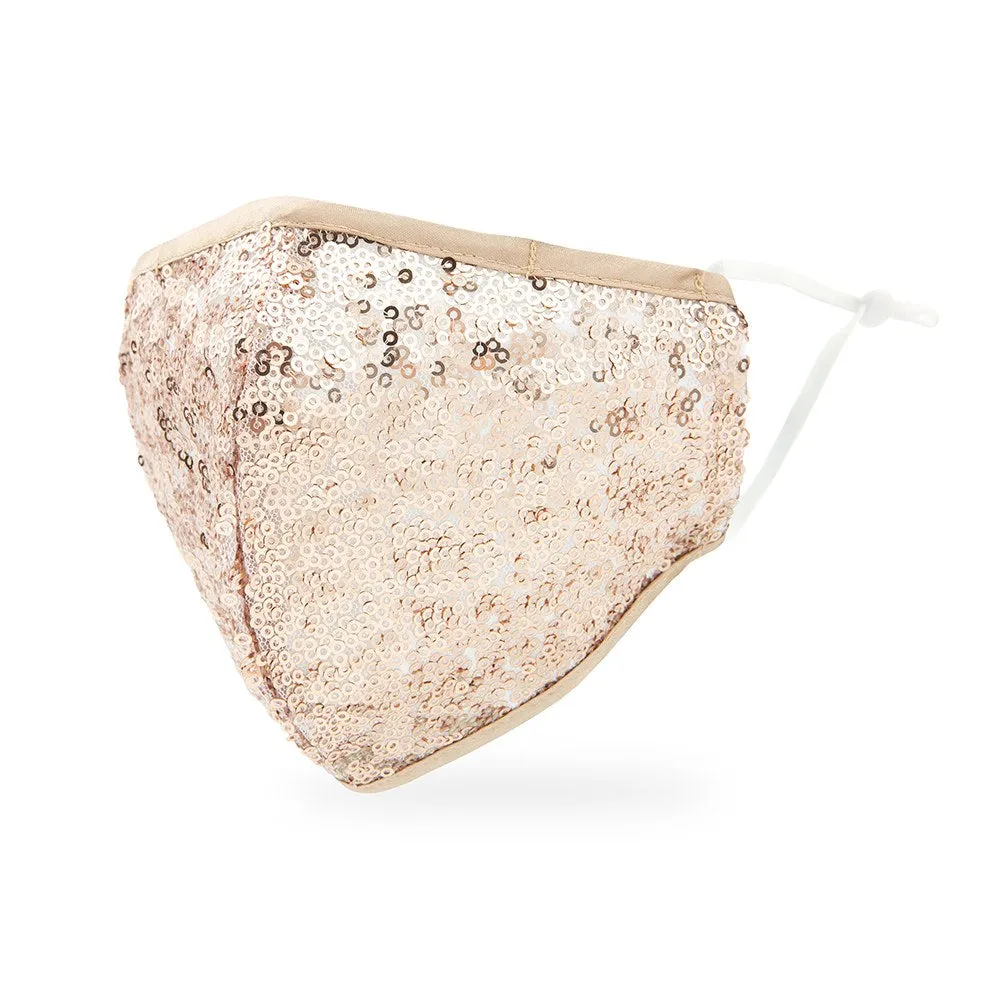 LUXURY REUSABLE, WASHABLE CLOTH FACE MASK WITH FILTER POCKET - CHAMPAGNE GOLD SEQUIN