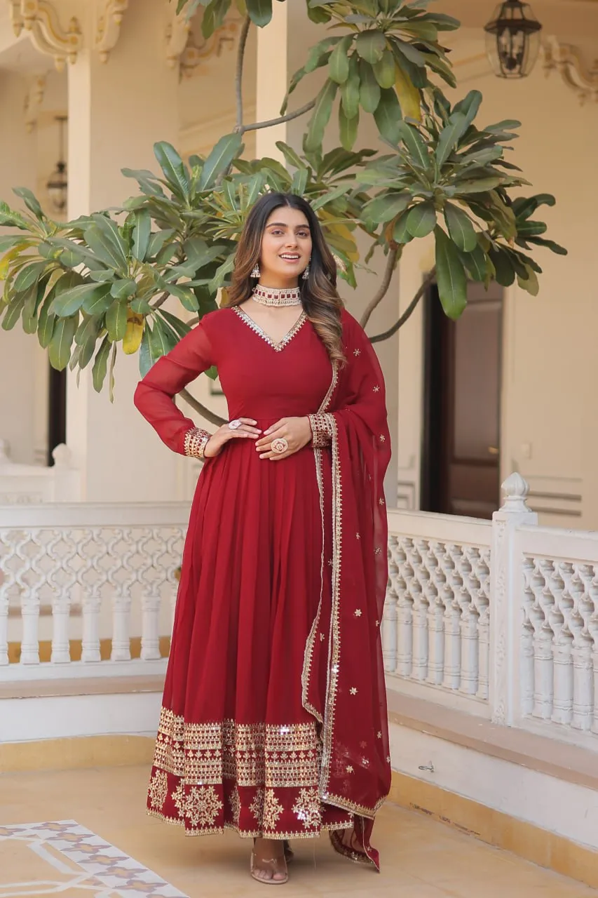 Maroon Sparkling Faux Blooming Gown with Embroidered Sequins & Designer Lace Dupatta