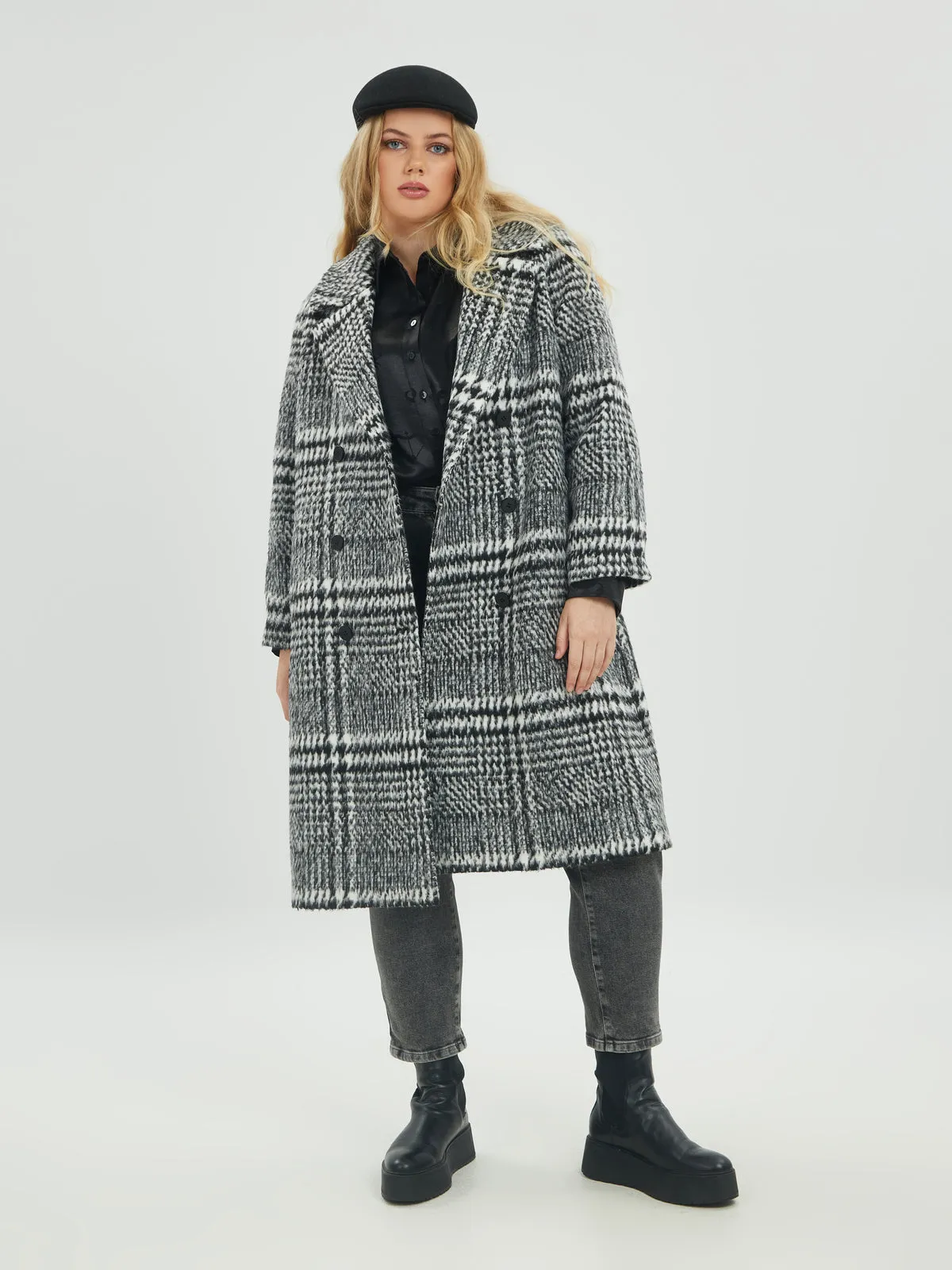 Mat Double Breasted Plaid Coat