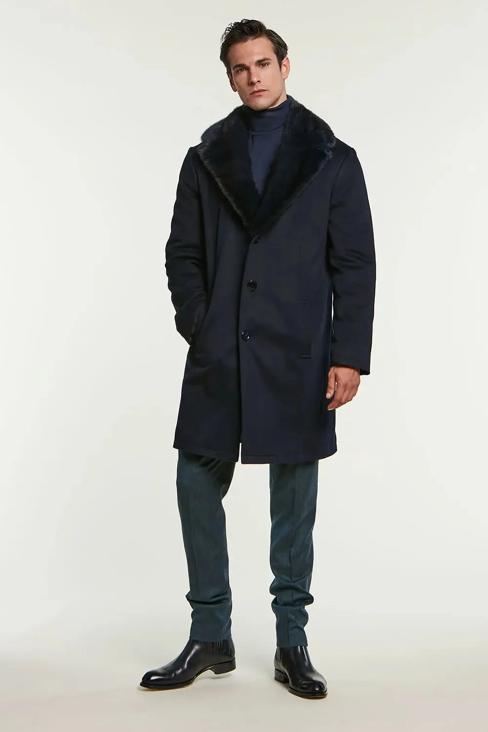 Mens cashmere coat with mink collar