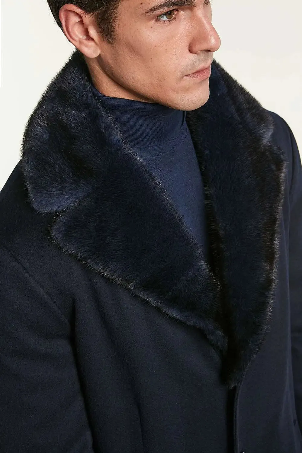 Mens cashmere coat with mink collar